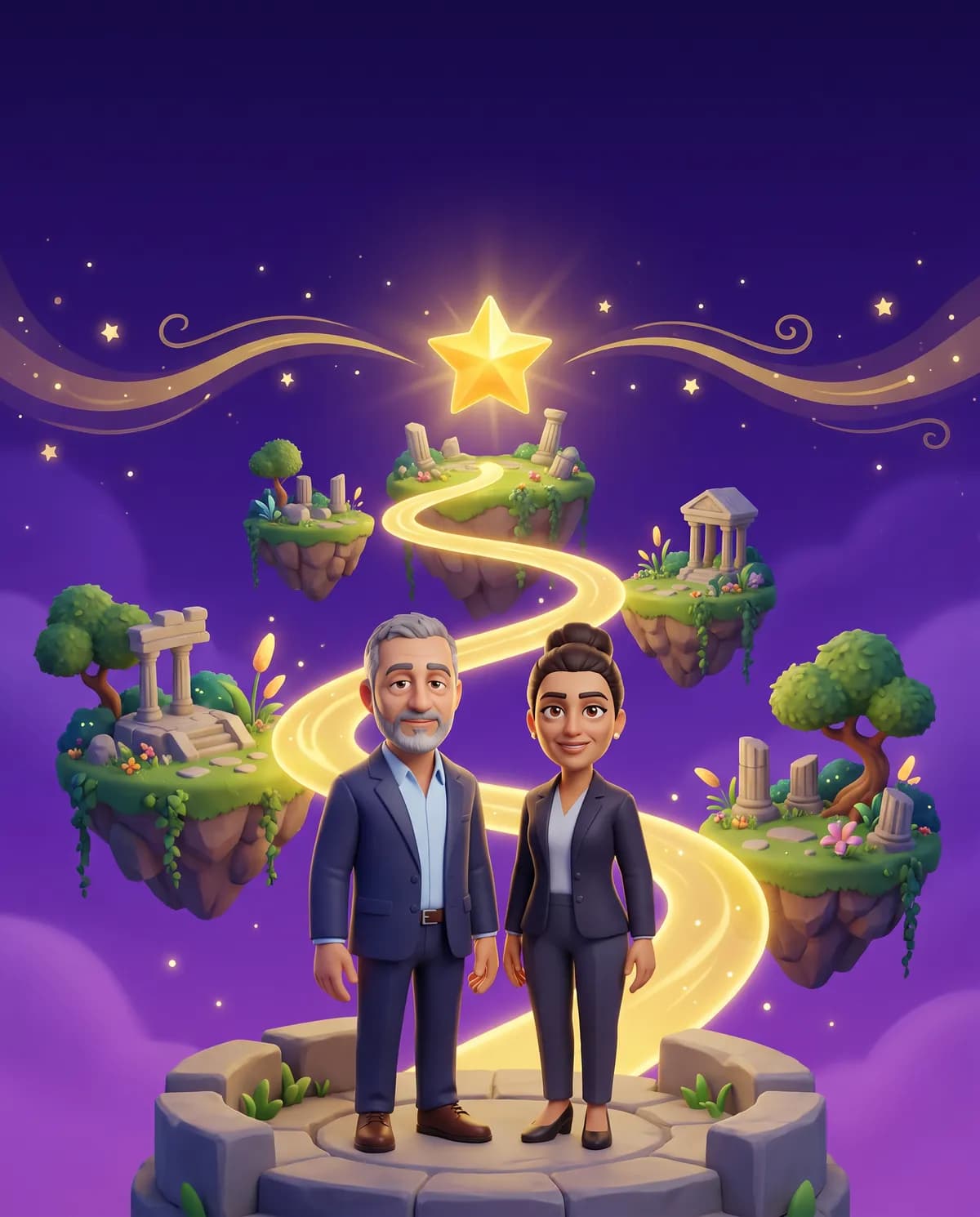 A manager and a rep at the start of a glowing path through floating islands